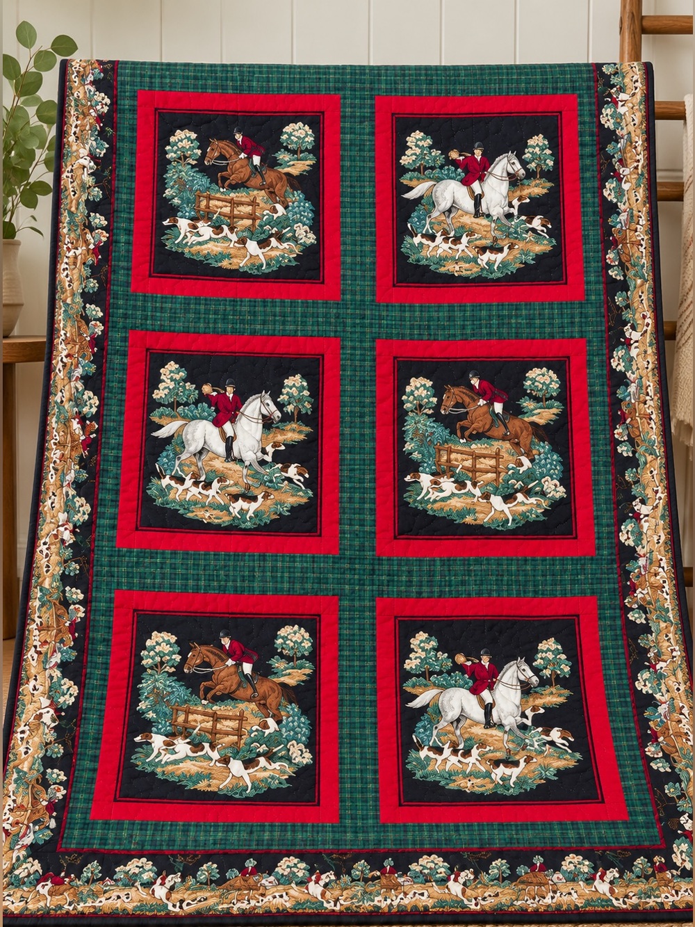 Vintage Fox Hunting Equestrian Quilt Blanket